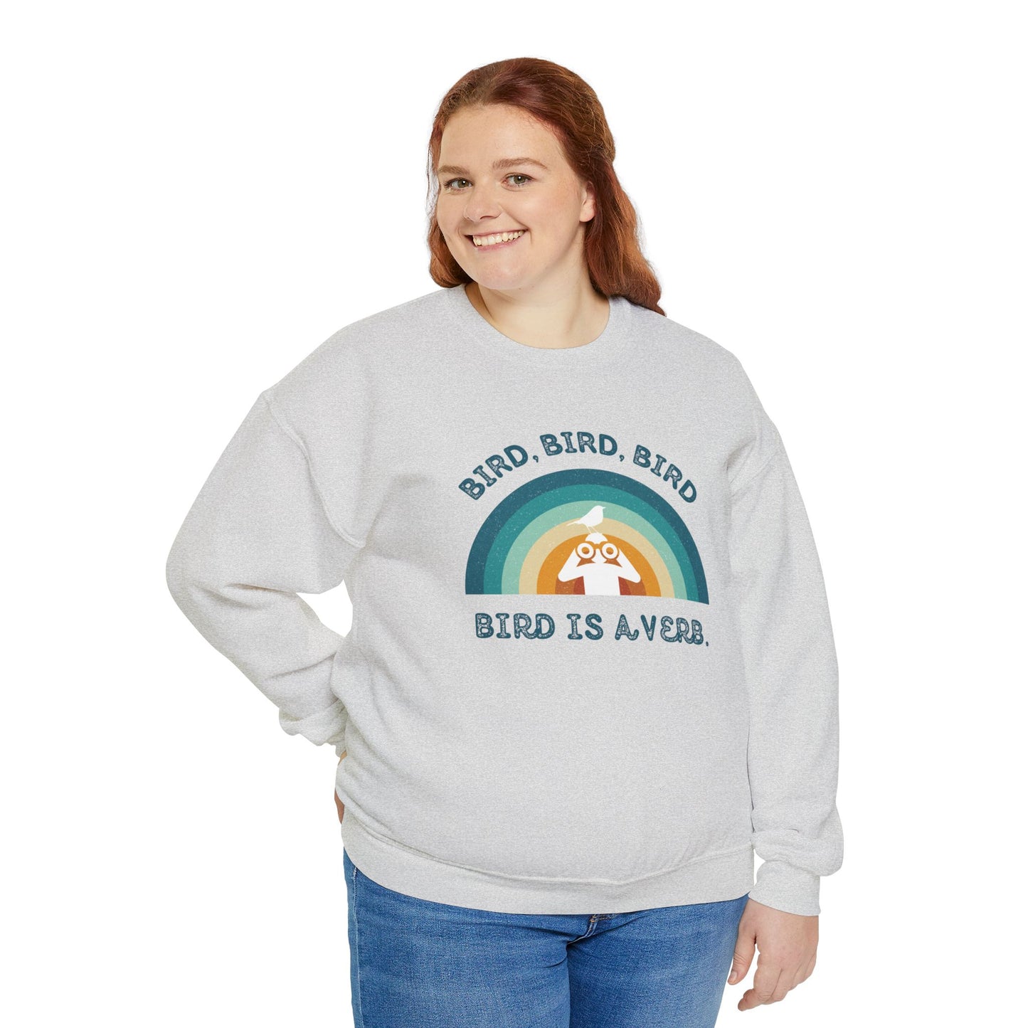 Bird Watching Sweatshirt - Retro Sunset Graphic Unisex Crewneck | Bird is a Verb | Funny Gift for Nature Lovers & Birders | Blue on White or Ash