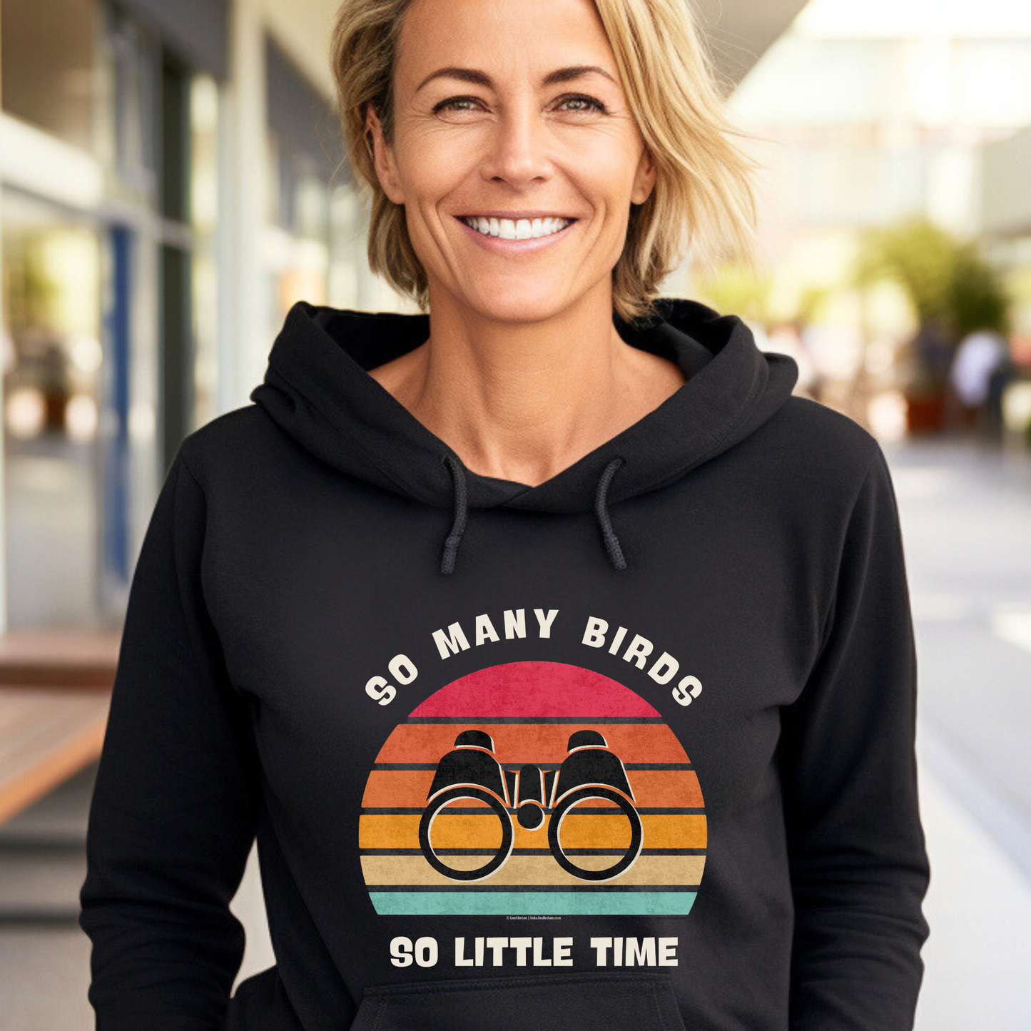 So many birds, so little time black hoodie sweatshirt with retro sunset for birders, bird nerds and bird watchers